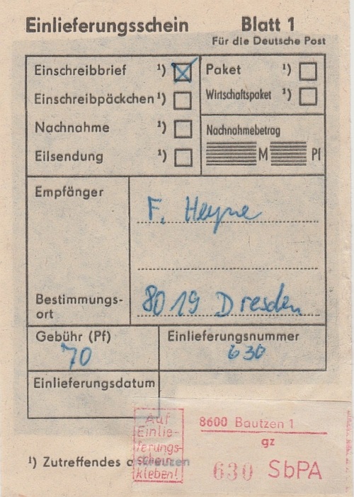zugehöriger Einlieferungsschein